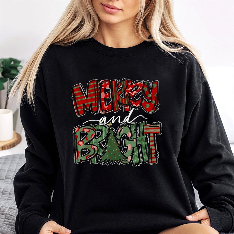 Plaid Christmas Tree Crewneck, Merry and Bright Sweatshirt, Festive Holiday Pullover Sweater, Adorable Winter Xmas Graphic Sweatshirt for Family