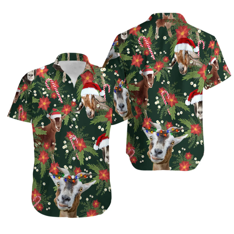 Festive Poinsettia Goat Hawaiian Shirt, Christmas Goat Hawaiian Shirt, Holiday Farm Animal Aloha Shirt, Winter Tropical Beach Party Shirt
