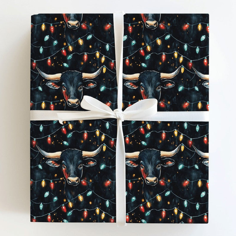 Rustic Holiday Wrapping Paper, Christmas Bull Wrapping Paper, Western Cattle Gift Wrap, Longhorn Lights Wrapping Paper, Country Xmas Roll