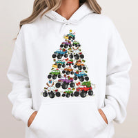 Festive Off Road Vehicle Hoodie, Monster Truck Christmas Tree Hoodie, Humorous Xmas Graphic Sweatshirt, Truck Lover Hoodie, Holiday Present
