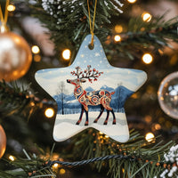 Winter Wonderland Deer Star Ornament, Folk Art Reindeer Star Ornament, Rustic Holiday Ceramic Ornament, Christmas Tree Star Decor Present
