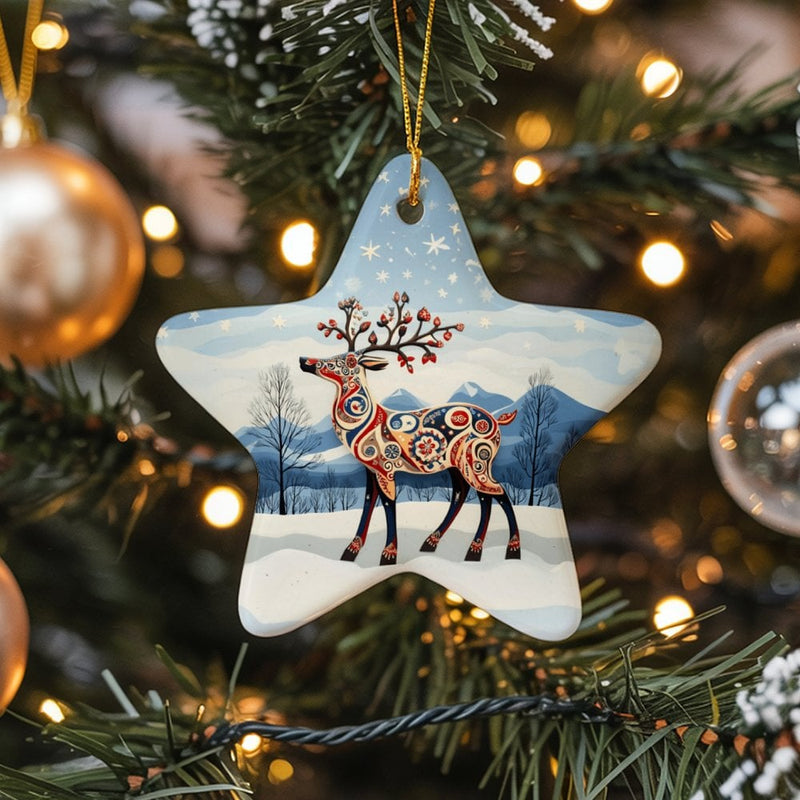 Winter Wonderland Deer Star Ornament, Folk Art Reindeer Star Ornament, Rustic Holiday Ceramic Ornament, Christmas Tree Star Decor Present
