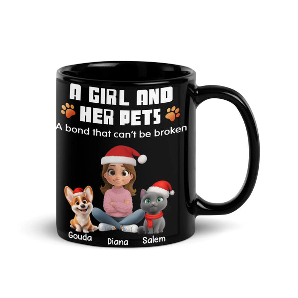 Custom Girl Dog Cat Holiday Mug, Personalized Pet Mom Christmas Mug, Winter Illustration Ceramic Cup, Adorable Present for Pe