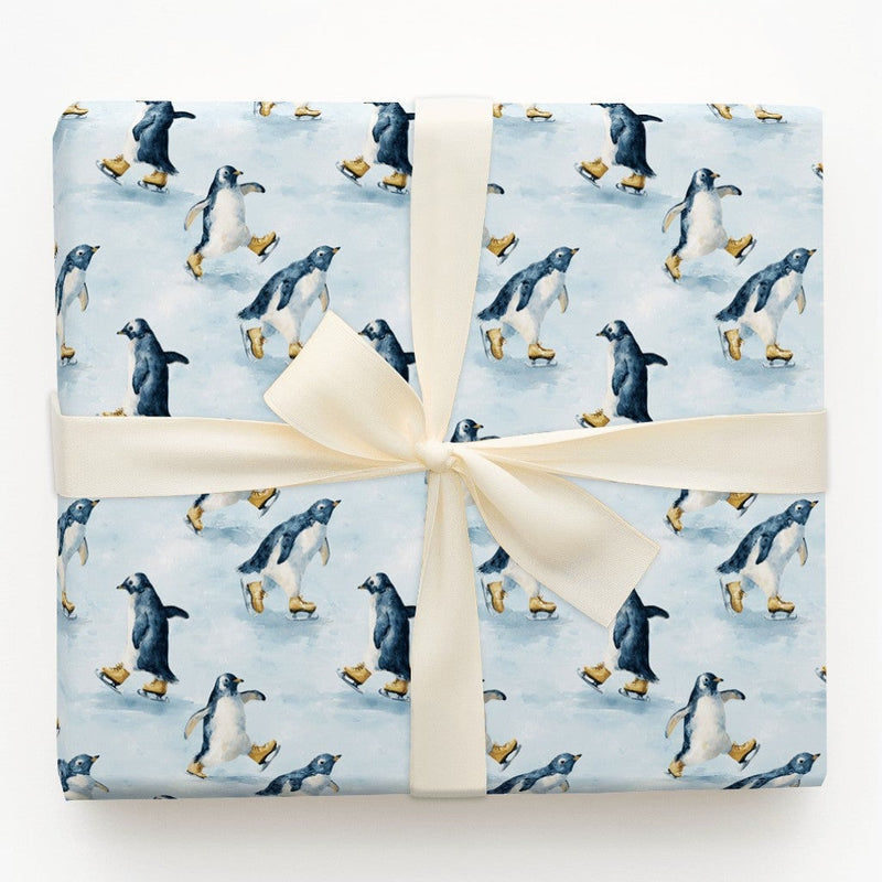 Adorable Winter Animal Gift Wrap, Ice Skating Penguin Christmas Wrapping Paper, Watercolor Holiday Wrapping Paper, Festive Kids Gift Wrap Roll