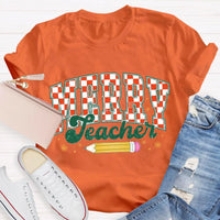 Holiday Educator Graphic Tee, Plaid Pencil Merry Teacher Christmas T-Shirt, Adorable Winter School Teacher Shirt, Christmas Teacher Present
