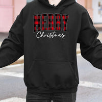 Buffalo Plaid Red Text Graphic Hooded Sweatshirt, Merry Christmas Hoodie, Comfy Holiday Winter Pullover, Festive Xmas Present for Her Him