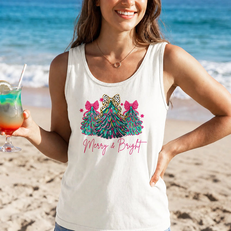 Retro Colorful Xmas Tree Tank, Merry and Bright Christmas Tree Tank Top, Pink Bow Holiday Sleeveless Tee, Christmas Beach Tank, Xmas Present