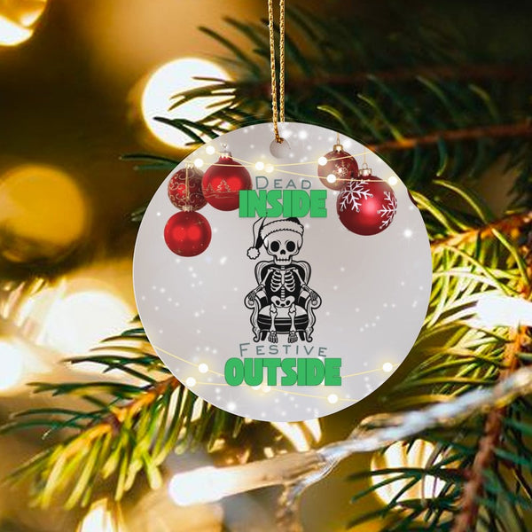 Sarcastic Christmas Ornament, Dead Inside Festive Outside Skeleton Ornament, Humorous Santa Hat Ceramic Ornament, Holiday Kee