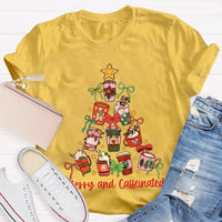 Coffee Christmas Tree Holiday Graphic Tee, Merry and Caffeinated Christmas T-Shirt, Festive Coffee Lover Xmas Shirt