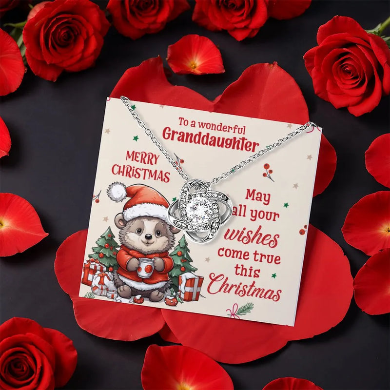 CZ Crystal Love Knot Necklace, Granddaughter Hedgehog Love Knot Necklace, Christmas Knot Pendant, Holiday Present for Granddaughter