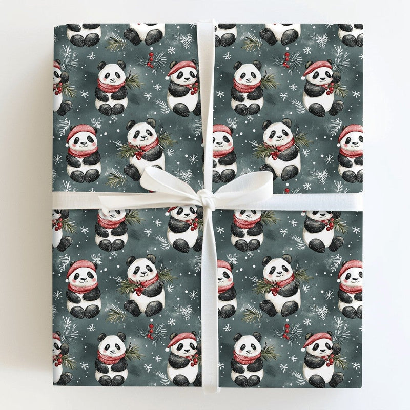 Santa Hat Teal Gift Wrap, Watercolor Panda Christmas Wrapping Paper, Adorable Winter Panda Wrapping Paper, Holiday Animal Present Paper