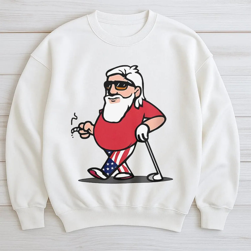 Humorous Christmas Golf Crewneck, Santa Golfer Sweatshirt, USA Flag Santa Playing Golf Pullover, Holiday Golfer Present, Christmas Golf Sweater