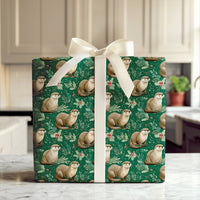 Dark Green Woodland Animal Wrapping Paper, Otter Christmas Holly Wrapping Paper, Adorable Otter Holiday Wrapping Paper, Nature Lover Gift Wrap