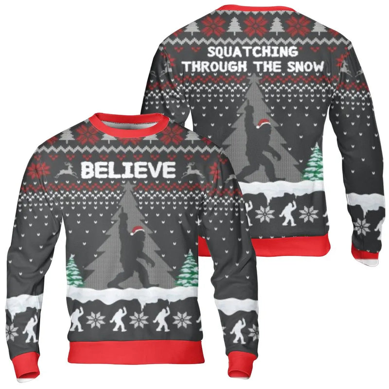 Bigfoot Ugly Christmas Sweater, Squatching Through the Snow Sweatshirt, Sasquatch Holiday Graphic Sweatshirt, Winter Bigfoot Sweatshirt Present