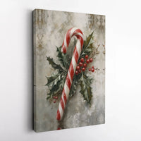 Vintage Holly Berries Holiday Poster, Christmas Candy Cane Canvas Wall Art, Rustic Farmhouse Winter Print, Festive Decor Digital Download