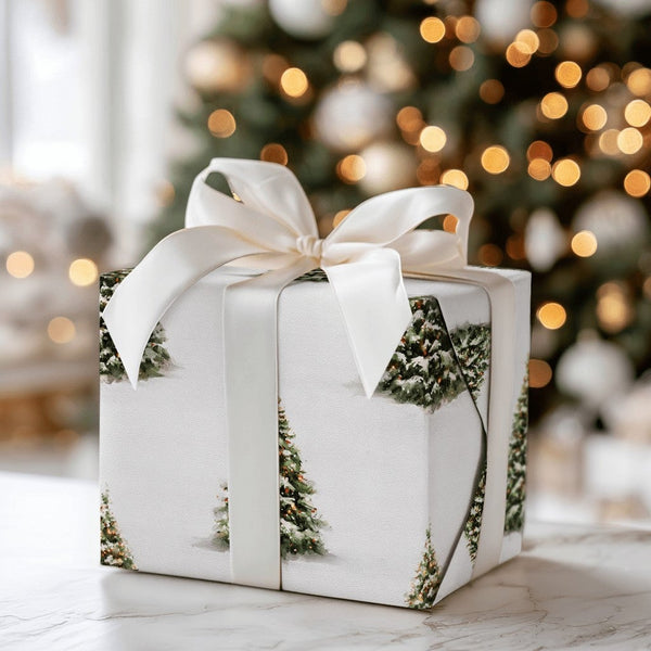 Winter Forest Holiday Gift Wrap, Snowy Christmas Tree Wrapping Paper, Snow Dusted Evergreen Tree Paper, Festive Present Wrap 