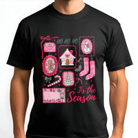 Adorable Gingerbread Snowman Graphic Tee, Pink Christmas Icons T-Shirt, Pastel Xmas Shirt, Retro Holiday Festive Tee, Holiday Present for Women
