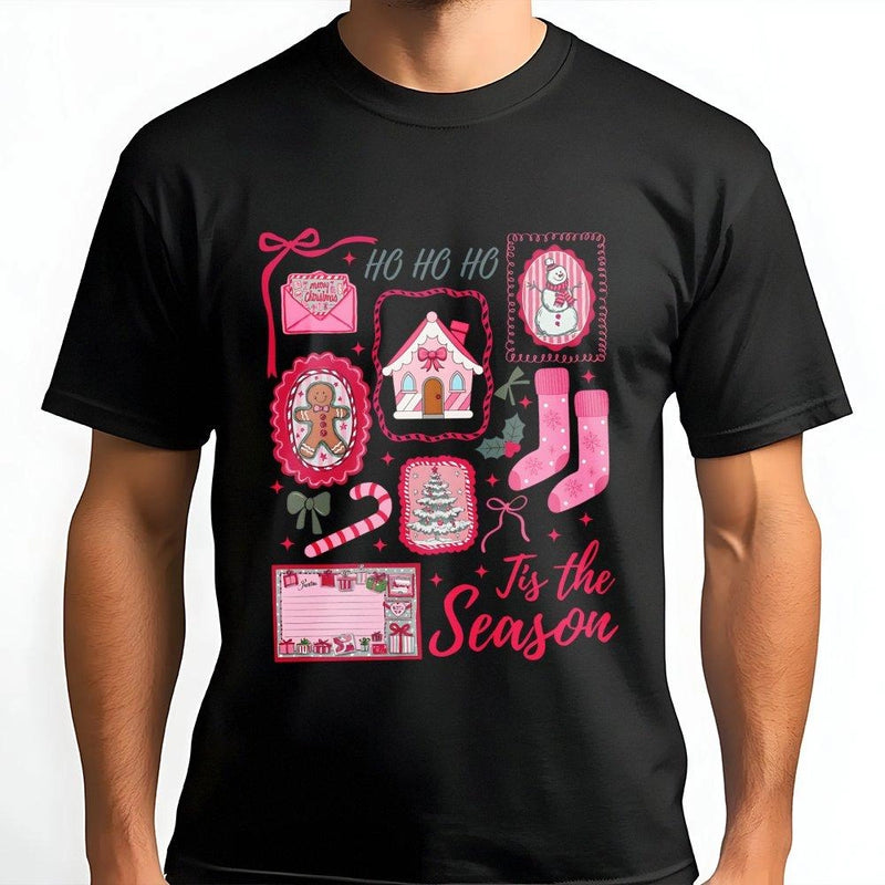 Adorable Gingerbread Snowman Graphic Tee, Pink Christmas Icons T-Shirt, Pastel Xmas Shirt, Retro Holiday Festive Tee, Holiday Present for Women
