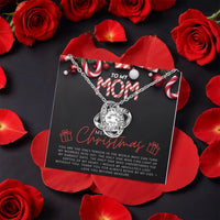 Merry Christmas Mom Necklace, Mom Love Knot Necklace, Rotating Rose Box Love Knot Pendant, Holiday CZ Crystal Jewelry, Present for Mother