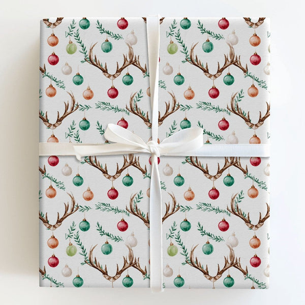 Rustic Holiday Ornament Gift Wrap, Deer Antler Christmas Wrapping Paper, Farmhouse Woodland Wrapping Paper, Festive Winter Gi