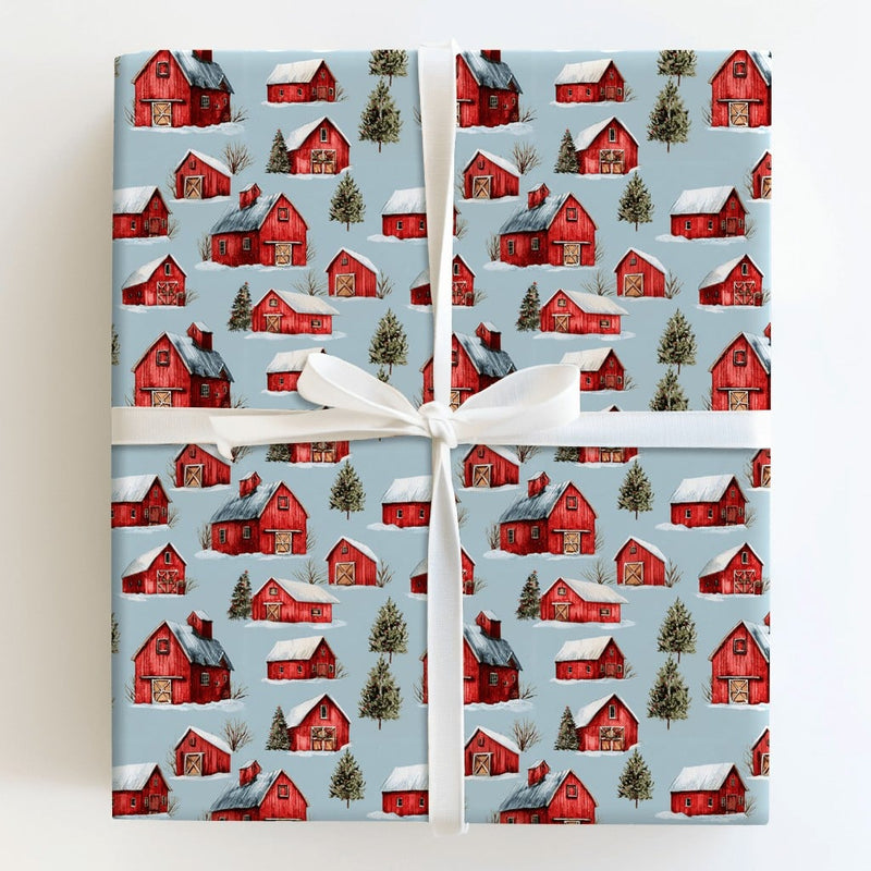 Rustic Red Farmhouse Gift Wrap, Winter Barn Christmas Wrapping Paper, Snowy Country Landscape Wrapping Paper, Holiday Festive Present Wrap