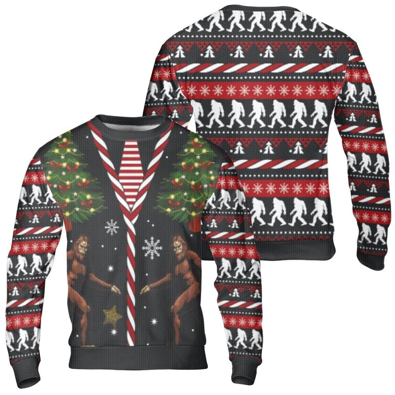 Humorous Sasquatch Santa Hat Holiday Sweatshirt, Bigfoot Christmas Ugly Sweater, Cryptid Festive Xmas Crewneck, Spooky Bigfoot Pullover