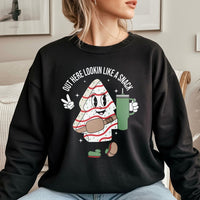Lookin Like A Snack Sweater, Christmas Tree Cake Sweatshirt, Humorous Holiday Snack Graphic Crewneck, Retro Xmas Tree Cake Present Sweatshirt