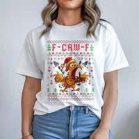 Ugly Sweater Style Holiday Tee, F-Caw-F Chicken Christmas T-Shirt, Humorous Screaming Poultry Graphic Shirt, Farm Xmas Chicken Lover Tee
