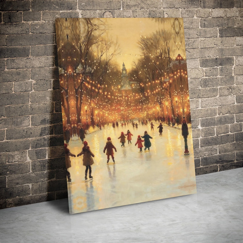 Whimsical Night Park Fairy Lights Decor, Winter Ice Skating Canvas Art, Festive Christmas Canvas Print, Comfy Holiday Wall Decor Present