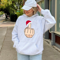 Humorous Christmas Sarcastic Sweatshirt, Middle Finger Santa Hat Hoodie, Rude Holiday Humor Pullover, Sassy Xmas Hooded Sweater