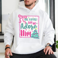 Pink Coquette Christmas Hoodie, Oh Come Let Us Adore Him Hoodie, Retro Christian Holiday Sweatshirt, Adorable Religious Faith Pullover Hoodie
