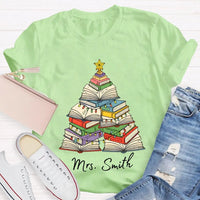 Personalized Holiday Shirt, Custom Christmas Trees and Books T-Shirt, Comfy Book Lover Xmas Graphic Tee, Custom Name Christmas Present Tee