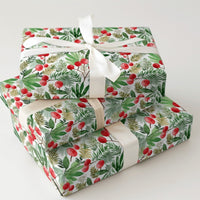 Winter Greenery Pine Needle Gift Wrap, Watercolor Red Berry Wrapping Paper, Botanical Christmas Wrapping Paper, Holiday Present Wrap Roll
