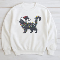 Santa Hat Cat with String Lights Crewneck, Black Cat Christmas Sweatshirt, Retro Holiday Cat Pullover, Humorous Cat Lover Xmas Sweater