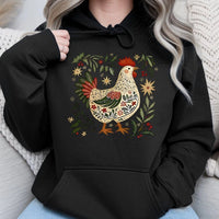 Folk Art Farm Animal Holiday Sweatshirt, Christmas Chicken Hoodie, Farmhouse Hen Winter Pullover, Country Rooster Xmas Lover Hoodie