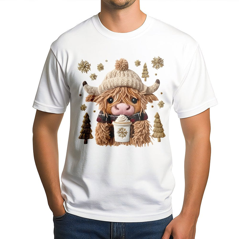 Adorable Winter Holiday Graphic Tee, Christmas Highland Cow Coffee T-Shirt, Festive Farmhouse Cow Shirt, Comfy Xmas Aesthetic Graphic T-Shirt