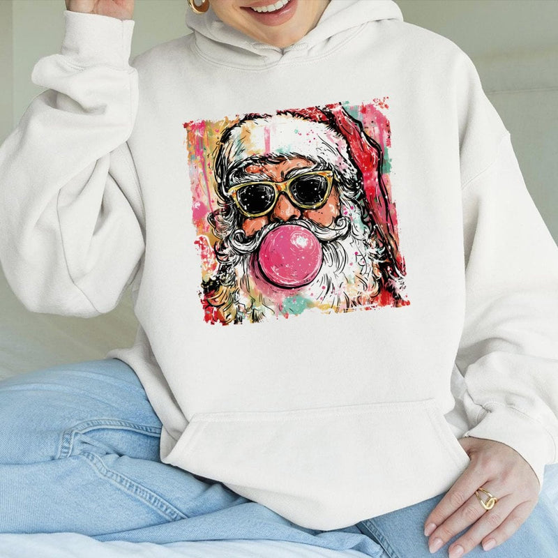 Humorous Cool Santa Hooded Sweatshirt, Bubble Gum Santa Claus Hoodie, Retro Christmas Santa Hoodie, Graphic Holiday Pullover Sweatshirt