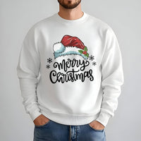 Merry Christmas Crewneck, Santa Hat Holly Christmas Sweatshirt, Festive Holly Graphic Sweater, Comfy Winter Holiday Sweatshirt Present