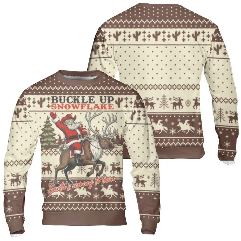 Buckle Up Snowflake Holiday Sweater, Western Cowboy Santa Sweatshirt, Retro Rodeo Xmas Crewneck, Country Christmas Pullover