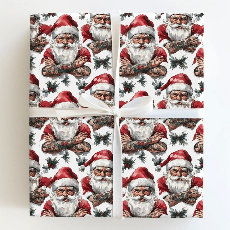 Buff Santa Claus Gift Wrap, Tattooed Santa Wrapping Paper, Edgy Hipster Christmas Wrapping Paper, Humorous Holiday Gift Wrap, Cool Xmas Paper