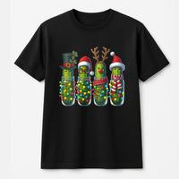 Humorous Holiday Pickle Character Shirt, Christmas Pickle T-Shirt, Adorable Xmas Lights Pickle Graphic Tee, Retro Foodie Christmas Lover T-Shirt