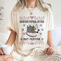Ugly Christmas Sweater Graphic Tee, Overstimulated but Festive Opossum T-Shirt, Humorous Holiday Possum Shirt, Adorable Xmas Graphic T-Shirt