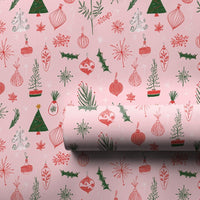 Hand Drawn Holiday Ornament Gift Wrap, Pink Christmas Tree Wrapping Paper, Pastel Pink Christmas Wrapping Paper, Festive Xmas Wrapping Paper