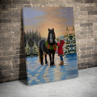 Girl and Pony Winter Snow Scene Painting Print, Christmas Horse Canvas Wall Art, Holiday Farmhouse Poster, Equestrian Digital Download Decor