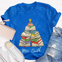 Personalized Holiday Shirt, Custom Christmas Trees and Books T-Shirt, Comfy Book Lover Xmas Graphic Tee, Custom Name Christmas Present Tee