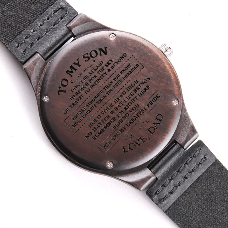Sandalwood Keepsake Watch from Dad, Engraved Wooden Watch for Son, Wood Wrist Watch, Meaningful Birthday Christmas Watch Present