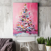 Abstract Holiday Oil Painting Canvas Print, Pink Christmas Tree Canvas Wall Art, Pink Xmas Tree Canvas Art, Festive Holiday Home Decor