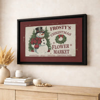 Poinsettia Flower Market Canvas Print, Vintage Snowman Canvas Wall Art, Retro Christmas Wall Decor, Holiday Winter Canvas Art