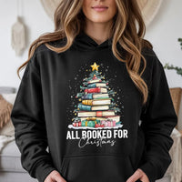 Festive Book Tree Graphic Sweatshirt, All Booked for Christmas Hoodie, Adorable Bookish Holiday Pullover, Librarian Christmas Hoodie