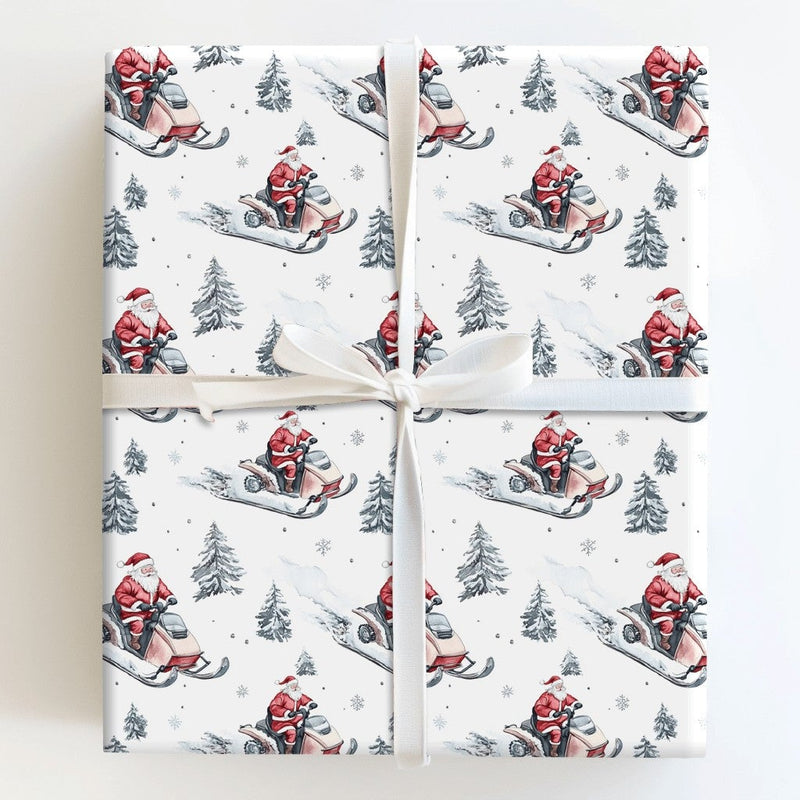 Winter Forest Holiday Gift Wrap, Santa Riding Snowmobile Wrapping Paper, Watercolor Snowmobile Paper, Christmas Present Wrapping Paper